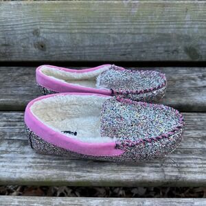 Lands End‎ Girls Pink Glitter Faux Fur Moccasin Slippers Multi Color Size 5
